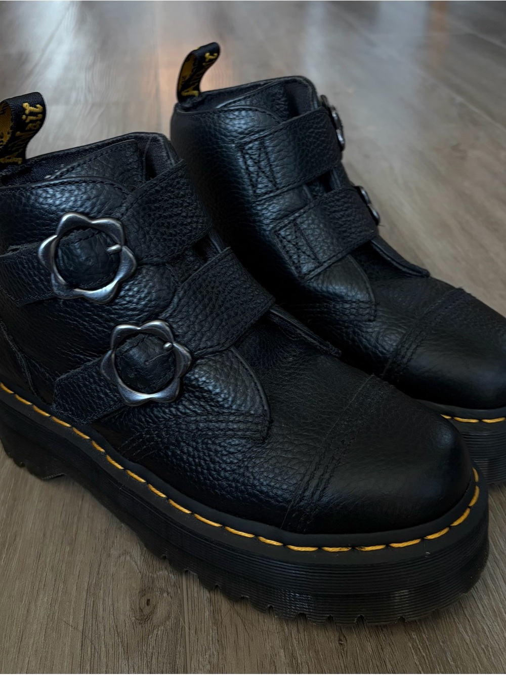 Dr. Martens Black Leather Platform Boots with Flower Buckles